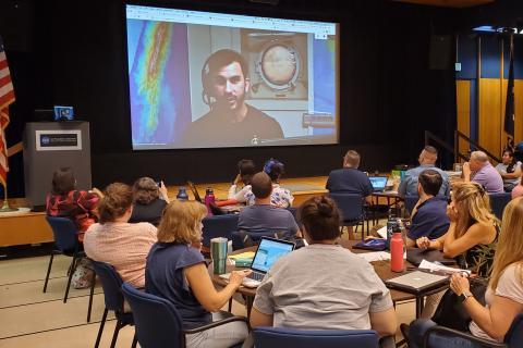 Ship-to-shore interactions are one-on-one live video Q&A broadcasts with the Corps of Exploration to learn more about life onboard the ship and the latest discoveries on Earth. Interactions are free to classrooms and camps and scheduled 7 days a week to meet your needs.