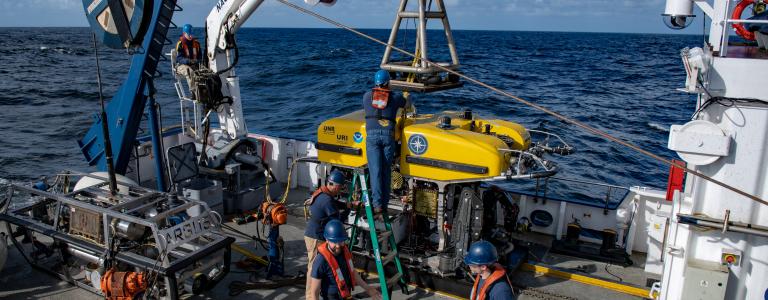 ROV Hercules dive prep on the aft deck of E/V Nautilus