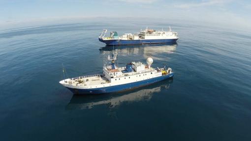 Aerial shot of both ships at sea