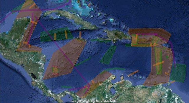 Map of Caribbean Sea with areas of interest