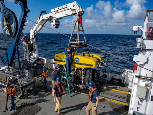 ROV Hercules dive prep on the aft deck of E/V Nautilus