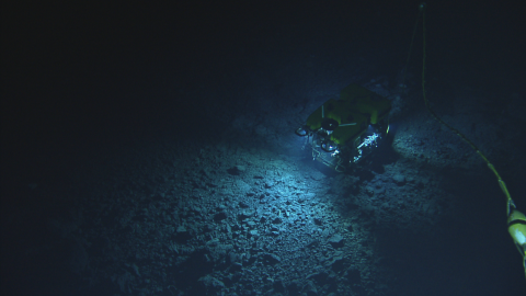 View from above of ROV Hercules exploring the seafloor illuminating a rocky patch