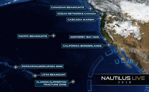 Map of Eastern Pacific with 2018 expedition locations marked