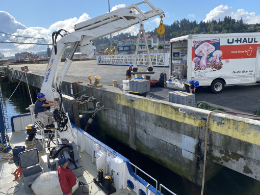 Image of crane lifting plastic totes off a raised concete harbor pier onto a ship deck. Team members are wearing hard hats and a UHaul truck is parted off to the side of the picture unloading totes.