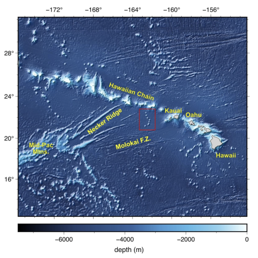 The Chautauqua Seamount chain (red box) sits between the Hawaiian Chain, Necker Ridge, and the Molokai Fracture Zone. 