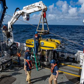 ROV Hercules dive prep on the aft deck of E/V Nautilus